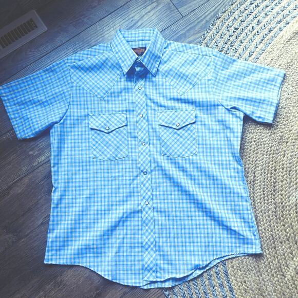 VTG Pearl Snap Stir Ups Western Cowboy Blue Yellow Montgomery Wards Men's Sz XL - Picture 1 of 8